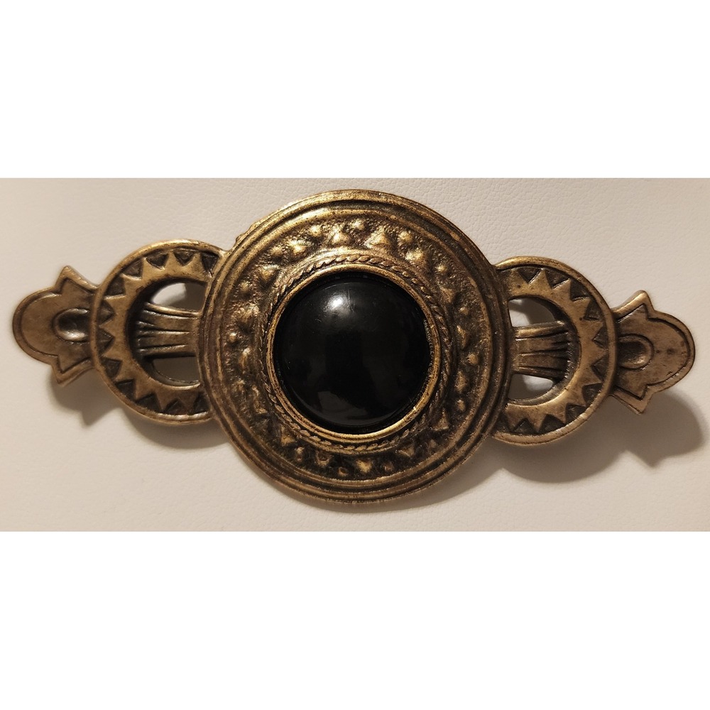 VTG Bronze Black Cabochon Brooch  Geometric Statement  Art Deco Dark Academia